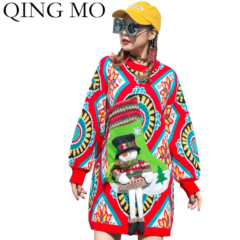 QING MO черный красный женский Рождественский свитер 2019 джемпер с принтом плюс