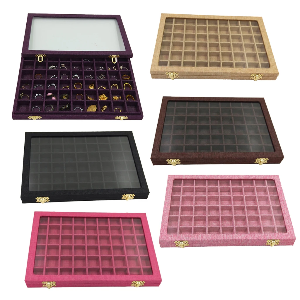 Line Box 54 Grids Clear Glass Lid Rings Holder Showcase Storage Organizer Jewelry Packaging for earrings necklaces bracelets