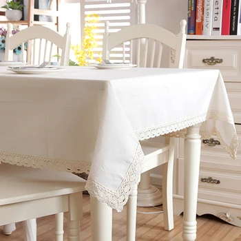 

Christmas Linen Cotton Thicken Solid Tablecloth White Lace Hem Splice Washable Coffee Dinner Table Cloth for Wedding Banquet