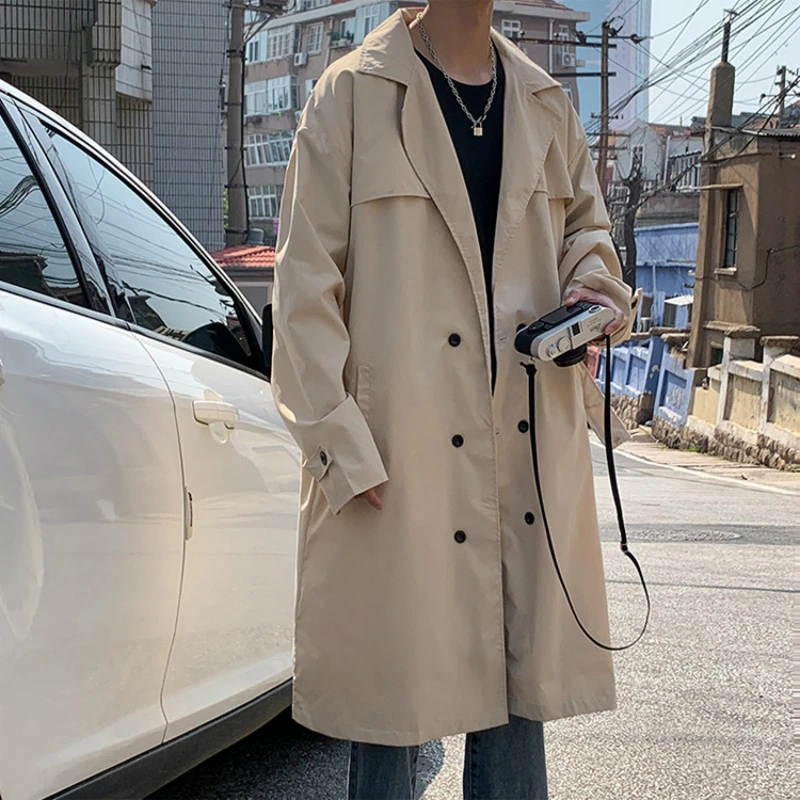 Men Trench Solid Double Breasted Simple Design Korean Style All-match Outwear Males Leisure Chic Loose Trendy Street Handsome