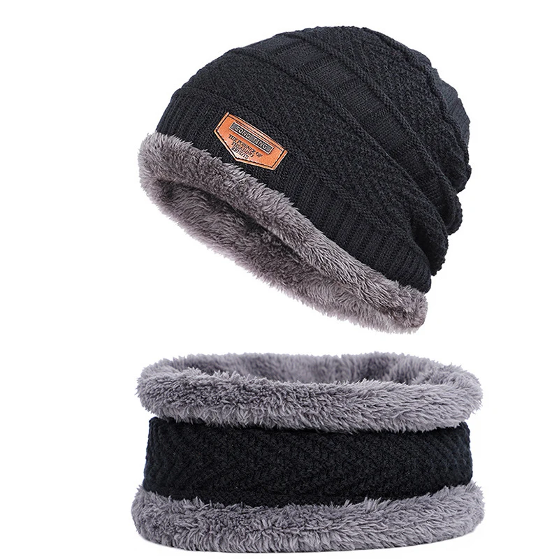 

Knitted Wool Winter Fall Hat Thick Warm Bonnet Skullies Beanie Soft Cotton Neck Warmer Hats Scarf Set Men Women Balaclava