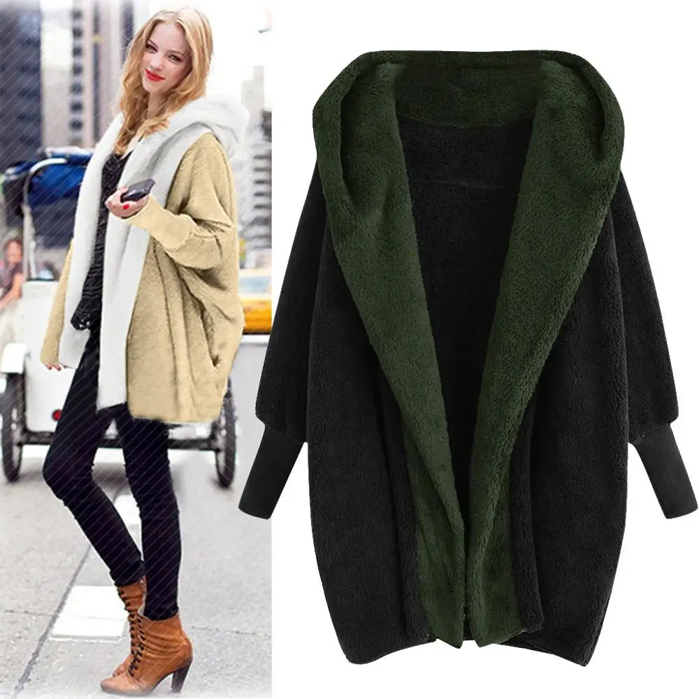 Женское теплое плюшевое пальто с капюшоном и карманами зимнее повседневное