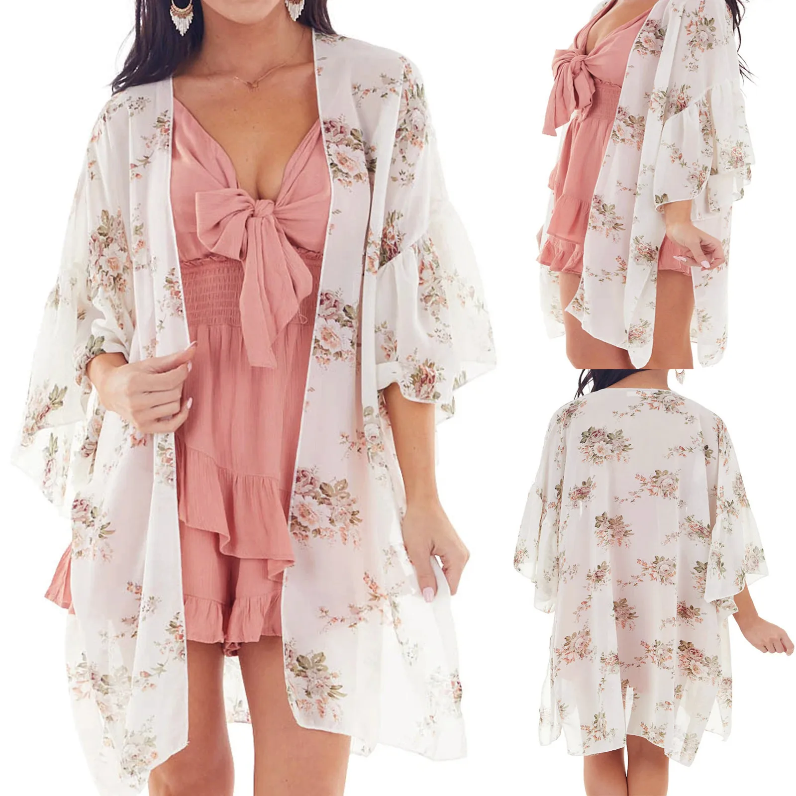 Женский шифоновый кардиган-кимоно с расклешенными рукавами и принтом | Женская