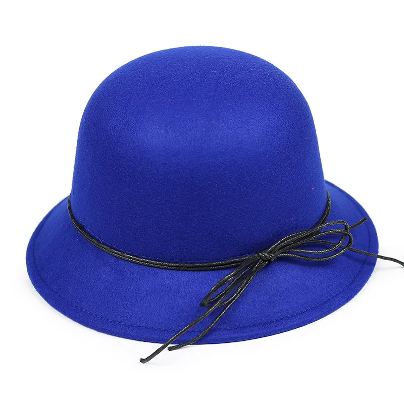 Blue Женская панама, шляпа от солнца, имитация шерсти, шляпа для женщин, для отдыха, для бассейна, кепка с широкими полями, одноцветная, вечерняя Кепка, лента для банта, милая девушка - Цвет: Blue