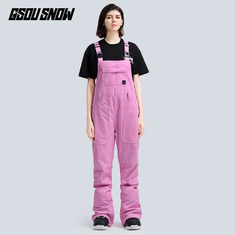 GSOU SNOW Snowboard bib pants пара зимних водонепроницаемых ветрозащитных дышащих лыжных штанов спортивные брюки для сноубординга для мужчин и женщин - Цвет: women-pink