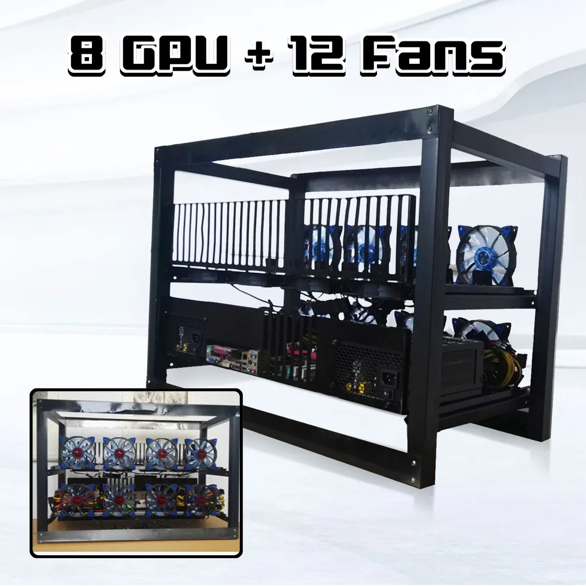 

8 GPU Crypto Coin Open Air Aluminum Frame Case Mining Miner Frame Rig Stackable Case With 12 Fan Outdoor Frame ETH/ZEC/BTH
