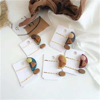 

Korea Morandi Wood Color Matching Hairpin Retro Geometric Hairpin Simple Fashion Side Clip Girl Combo Hairpin Hair Accessories