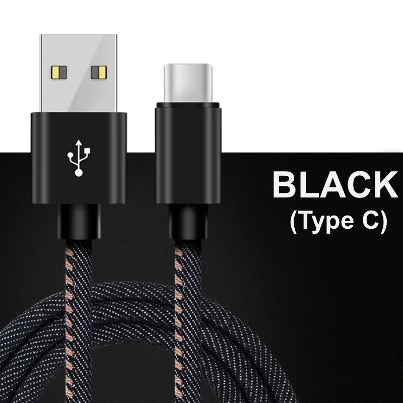 2 м джинсовые Micro USB кабель для передачи данных для samsung быстро Зарядное устройство для huawei Xiaomi LG 2.4A кабель для передачи данных для мобильного телефона для зарядки для iphone - Цвет: For Type-C Black