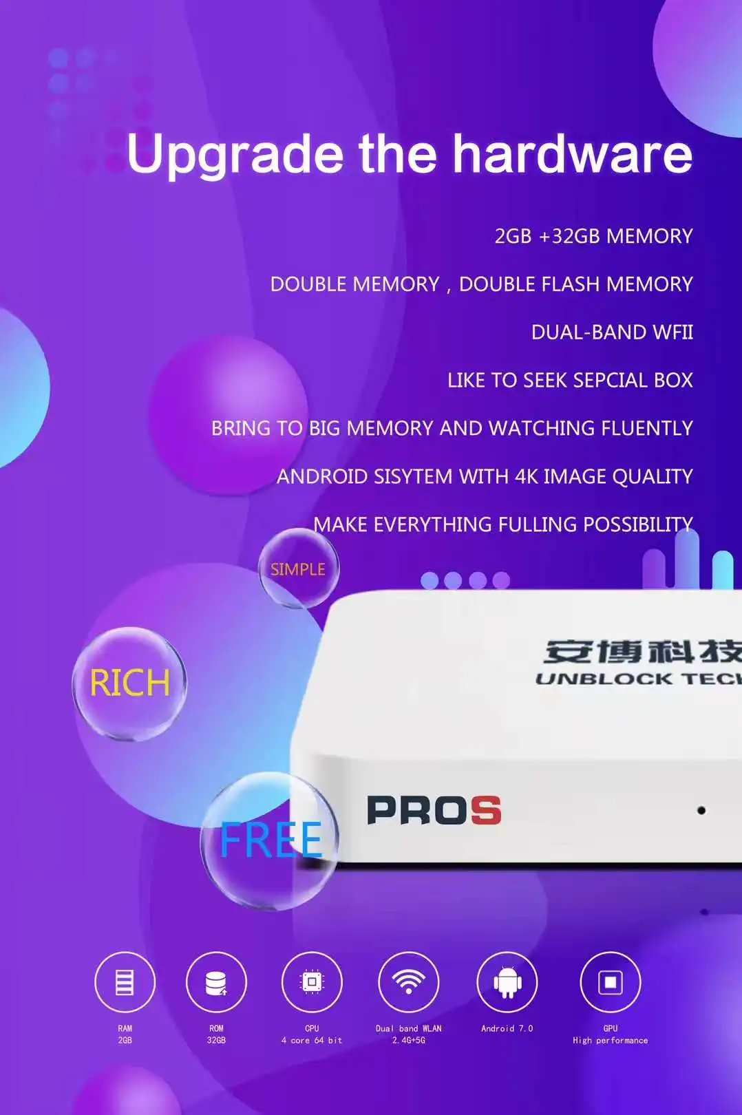  2019  VERSION UPROS ubox ProS PROS OS Oversea version HDMI 2.0 TV box Android 7.0 2GB+32GB