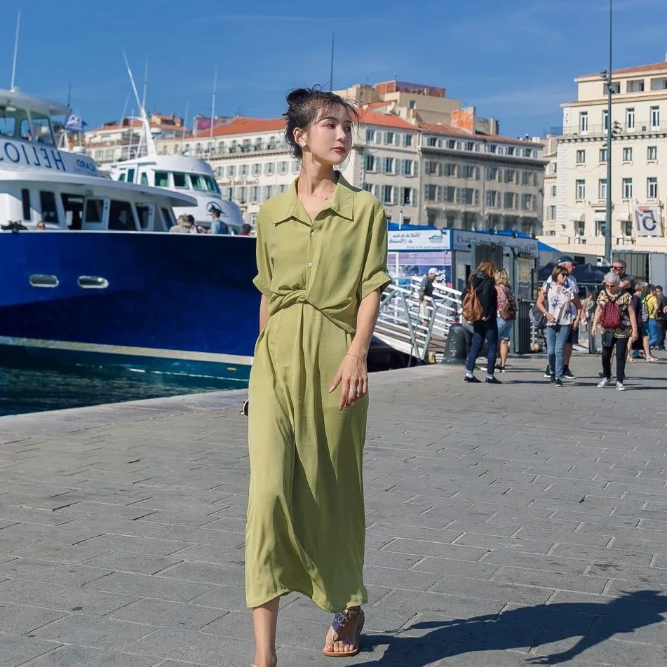 

Photo Shoot INS Western Style Very Fairy Green Fold-down Collar Single Breasted Sun-resistant Shirt Camisole V-neck A- line Dres