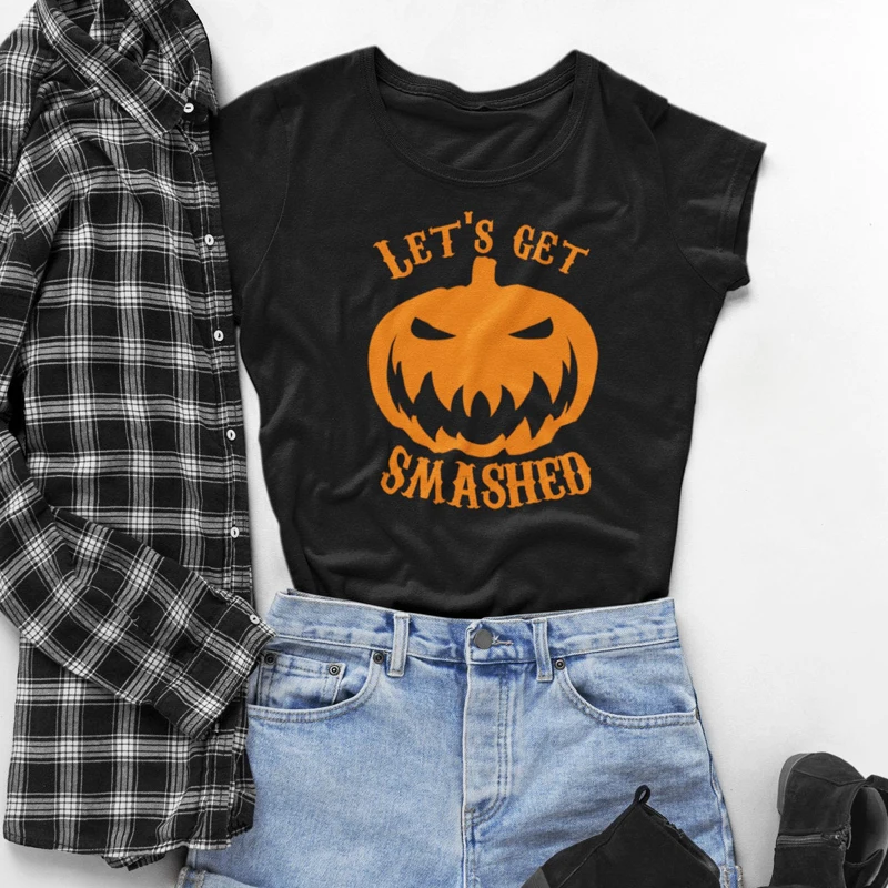 

Funny Let's Get Smashed Scary Pumpkin Face Halloween Party T-shirt Women Pure Cotton Graphic Tees Tops Fall Grunge Black T Shirt