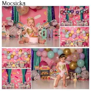 

Donut Shoppe Girl Birthday Backdrop for Photo Studio Balloons Sweet Treats Newborn Baby Children Portrait Background Photograhy