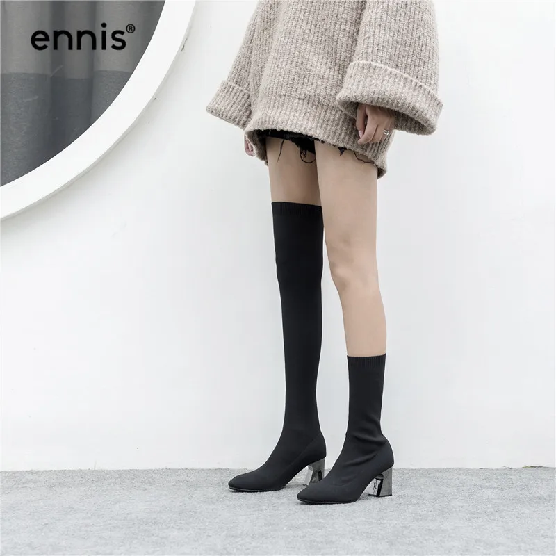 ENNIS/облегающие зимние черные сапоги до бедра для женщин; ботфорты на высоком каблуке; вязаные эластичные сапоги; женская обувь; Новинка; L837