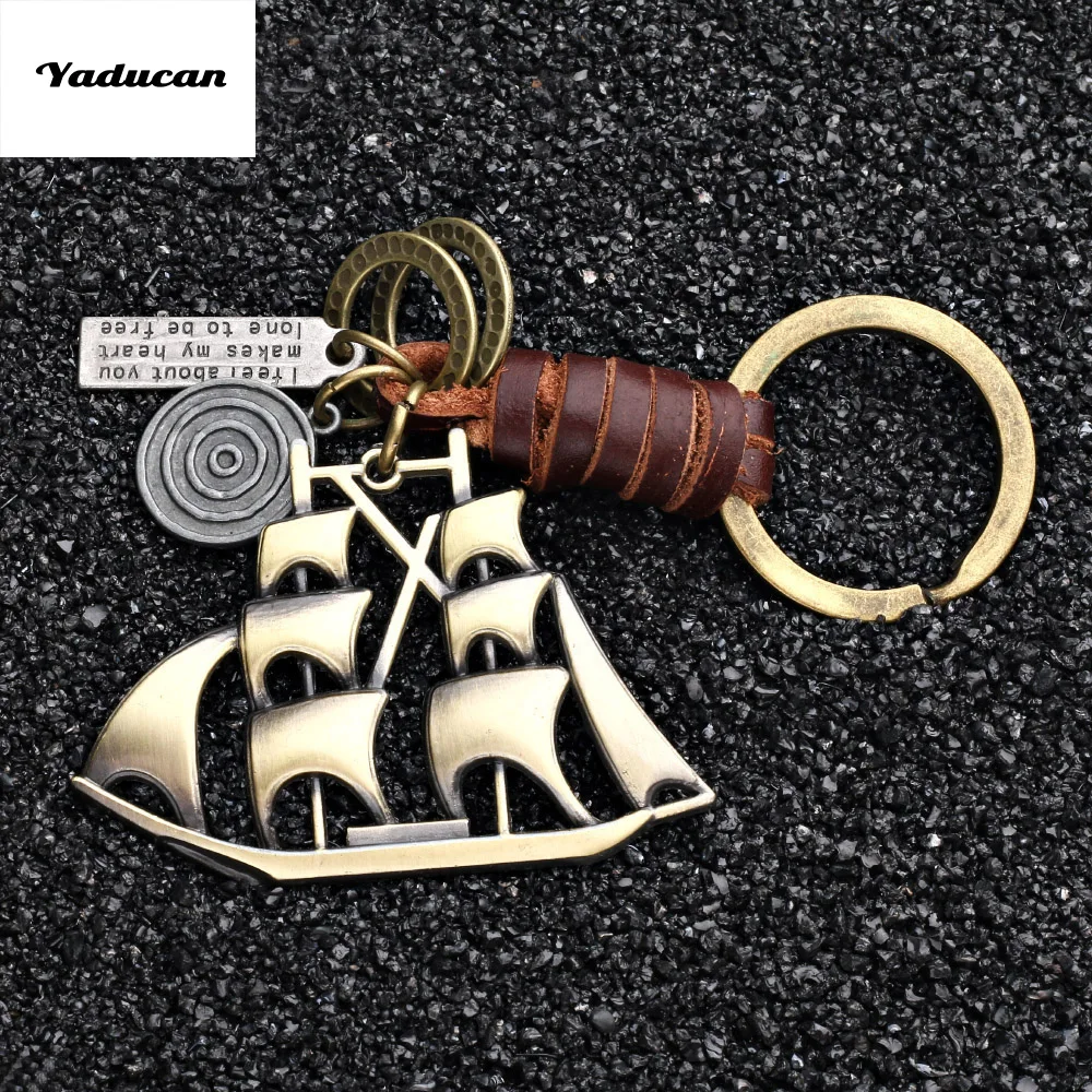 Yaducan 2019 charm jewelry Vintage Handwork Weave Genuine Leather Sailboat Keychain simple Alloy Accessories Men Key Chain
