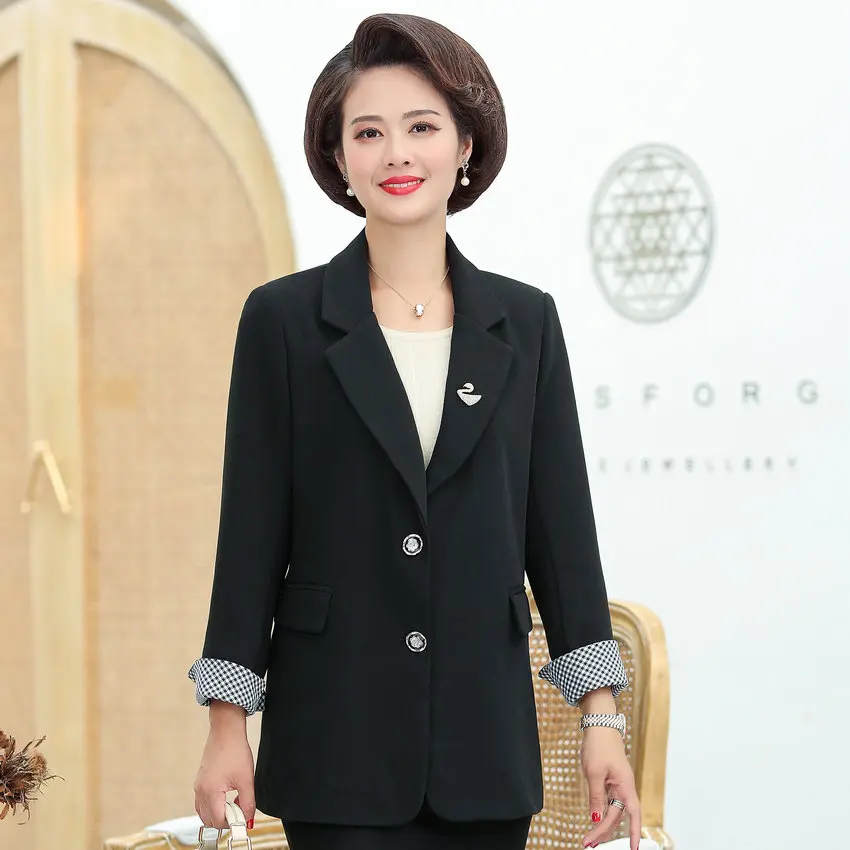 Middle Aged Women Black Blazer Autumn Spring Small Checked Notched Collar Design Jacket Suit Woman Smart Casual Blazers XXXXXL
