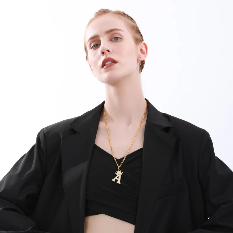 Zircon Initial Crown Necklace Jewelry For Women Hip Hop Gold Chain Letter Stainless Steel Valentine's Day Gifts | Украшения и