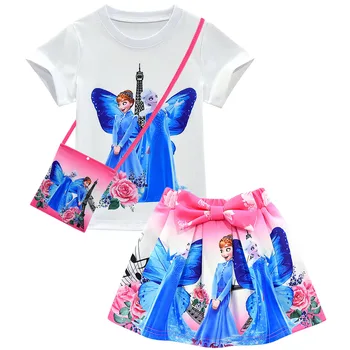 

Baby Girls Clothes Elsa print short sleeve round neck sets Bowknot Short skirt Bag 3pc Princess Party elza summer set