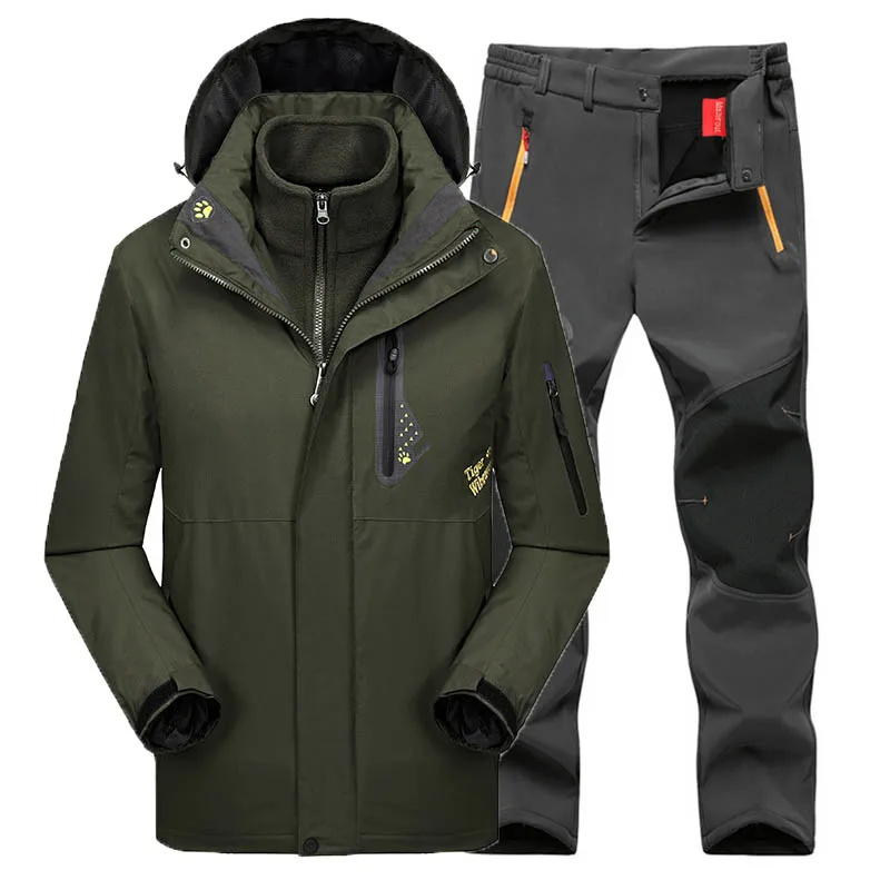 Мужские и женские зимние осенние новые куртки 3 в 1, Лыжный лагерь, скалолазание, треккинг, рыбий поход, цикл, водонепроницаемое пальто, большие размеры, для мужчин и женщин - Цвет: Army Green Gray Men