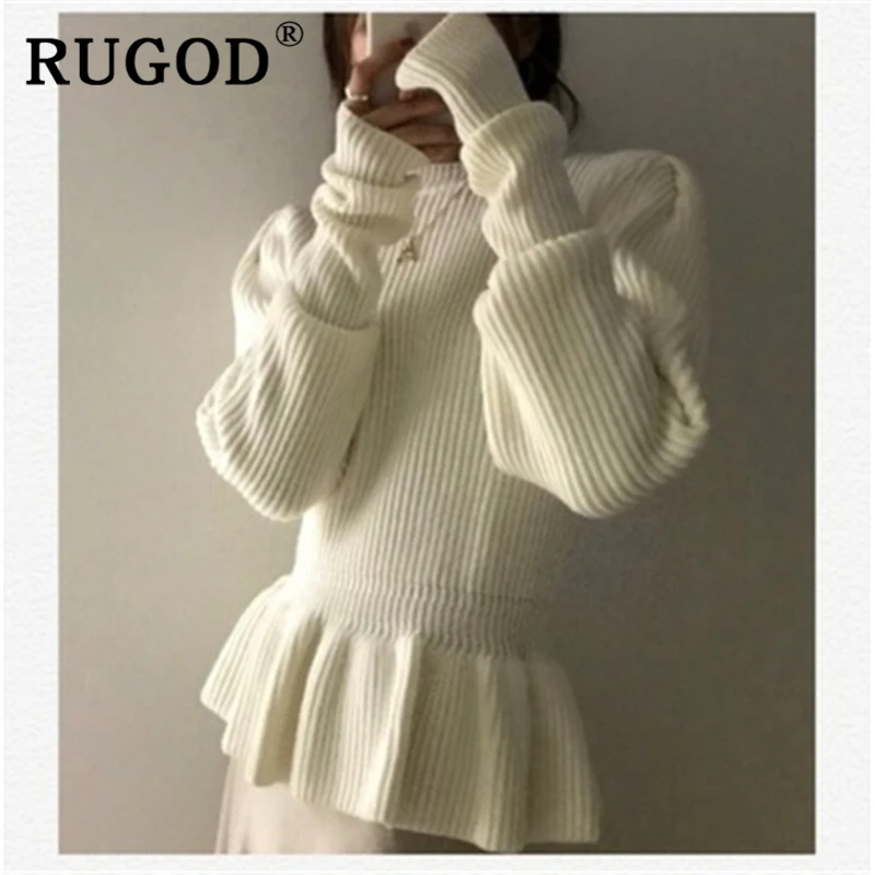 RUGOD, корейский шик, белый свитер, женский, элегантный, с оборками, с пышными рукавами, тонкий, вязанный, пуловеры, модные, для офиса, для девушек, Зимняя вязанная одежда