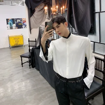 

Men Ruffle Stand Collar Long Sleeve Casual Shirts Male Vintage Fashion Gothic Dress Shirts Stage Costumes Couple Clothing