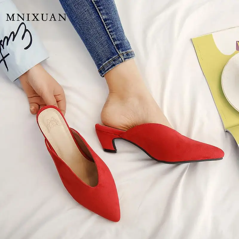 Повседневные женские туфли лодочки мюли замшевые красные свадебные шлепанцы с