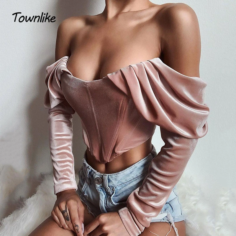 Townlike сексуальный короткий топ с открытыми плечами и длинным рукавом, женская футболка с вырезом лодочкой, женская короткая футболка с открытой спиной, осенне-зимняя футболка