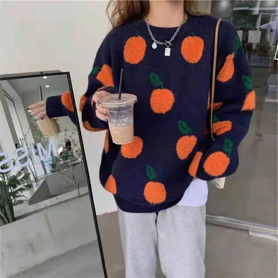 Otoño e Invierno Jersey nuevo Pullover patrón de cereza de manga larga suéter Retro dulce belleza de cuello alto de punto jersey