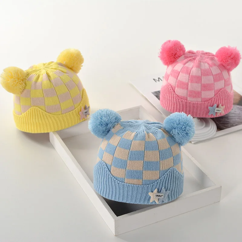 Square Patchwork Baby Girls Boys Skull Hat Knitted Newborn Warm Tire Cap with Cotton Lining Winter Warm PomPom Hat Protect Head