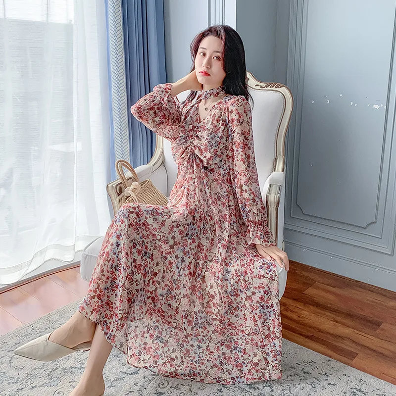 

Spring 2020 New Style Autumn And Winter Retro Elegant Waist Hugging Slimming Floral-Print Chiffon Drawstring V-neck Dress Women'