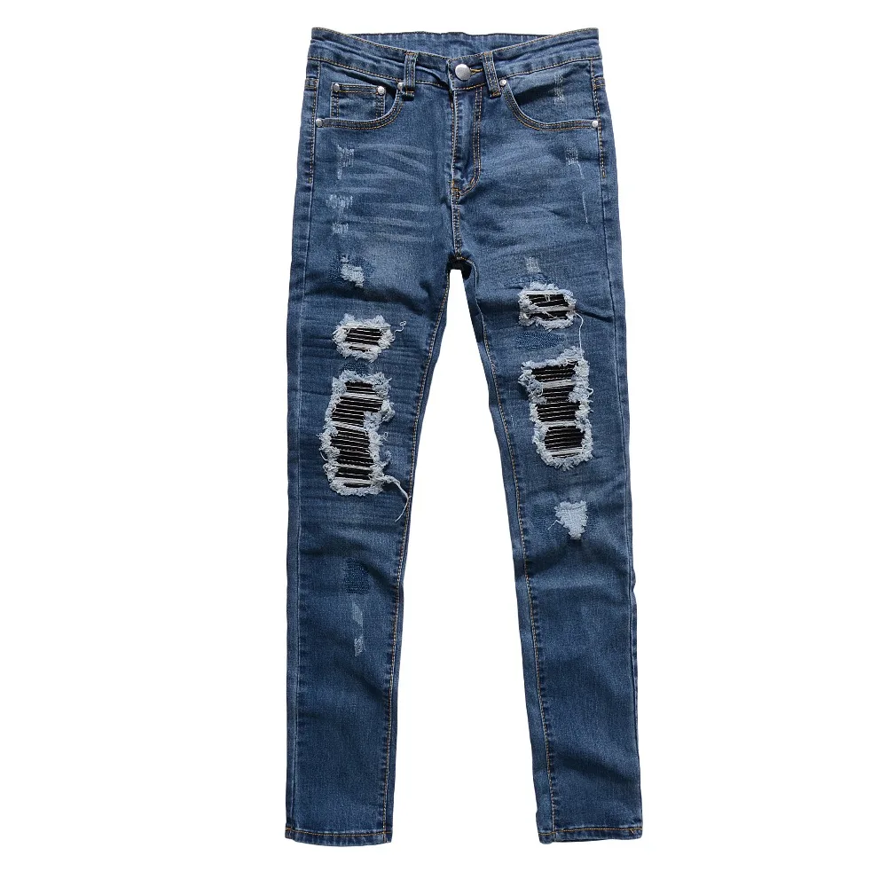 Новые Ретро вымытые синие и черные мужские нашивка из искусственной кожи рваные джинсы хип-хоп рваные обтягивающие мотоциклетные байкерские джинсы джинсовые штаны