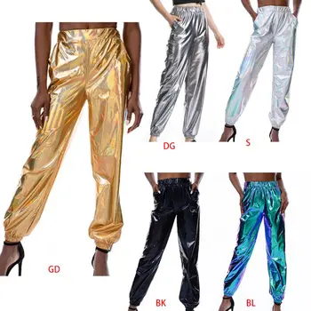 

Womens Glitter Metallic Jogger Pants Holographic Sweatpant Beam Foot Harem Hip Hop Dance Trousers Club Streetwear with Pockets