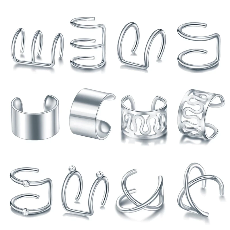 Stainelss Steel Clip On Ear Cuff Earrings Fake Cartilage Earrings 12pc Non Piercing Clip On Set For Women ear clip earrings,clip earrings,ear clip,ear accessories