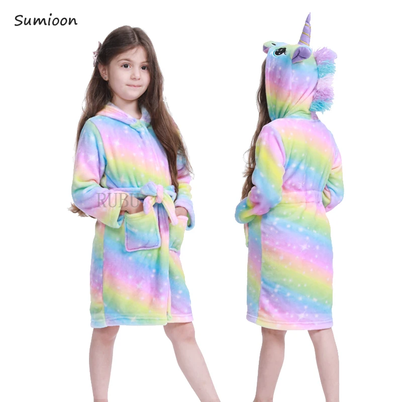 Cartoon Kids Robes Flannel Child Boys Girls Robes Animal Unicorn Hooded Bath Long Sleeve Baby Boy Bathrobe Child Clothing