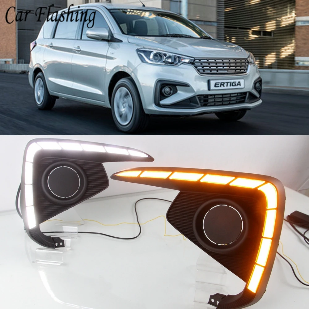 

Car flashing 2PCS LED Daytime Running Light For Suzuki Ertiga 2018 2019 DRL Fog Lamp Cover Headlamp Yellow turn signal Lamp