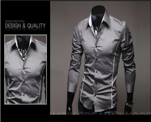 Серый New Fashion Men Slim Fit Dress Shirt Button Down Casual Long Sleeve Regular Gentleman Top Shirts Black White Gray - Цвет: Серый