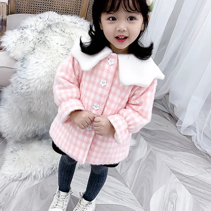 Winter Girls Kids Woolen Trench Coat Cardigan Autumn Children Baby Infants Plaid Lapel Collar Princess Outwear Coats S10085