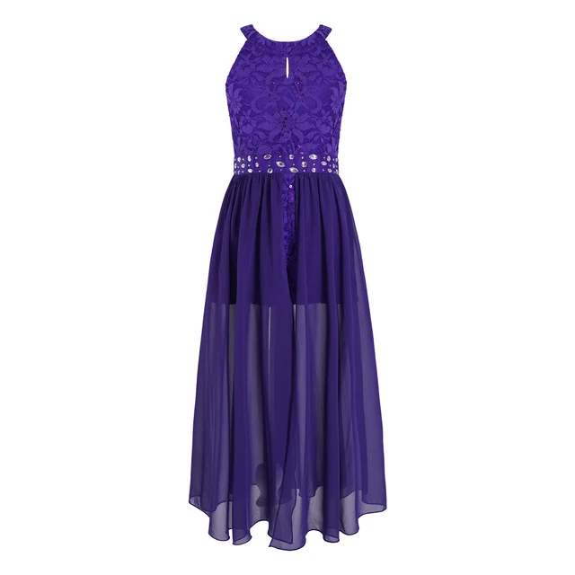 Girls Sleeveless Floral Lace Rhinestone 