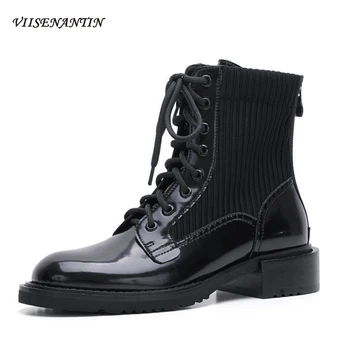 

Handsome Women's Ankle Boots Women's New British Style Thick Mid-heel Motorcycle Boots Spring Autumn All-match Lace Single Boots