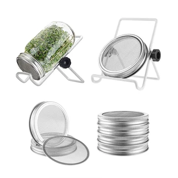 

4Pack Stainless Steel Sprouting Jar Lid Kit With 2Pack Sprouting Stands For Wide Jars Strainer Screen For Seed Sprouting