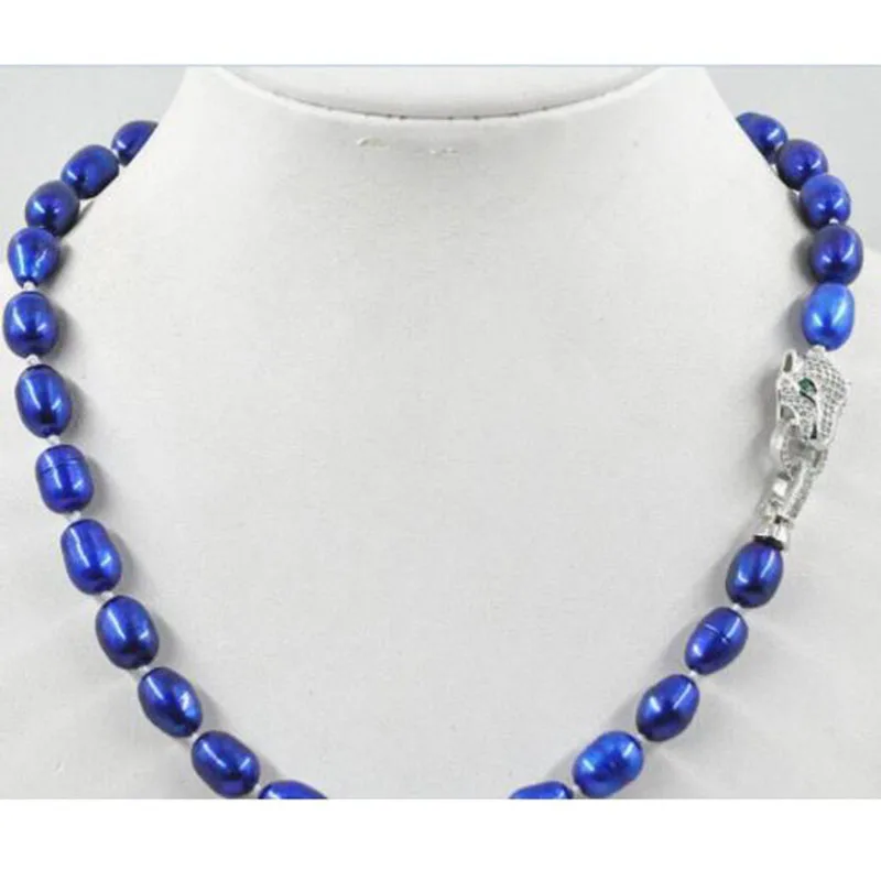 Beautiful NEW REAL 7-9mm freshwater Cultured Blue Pearl Necklace 18"leopard Clasp