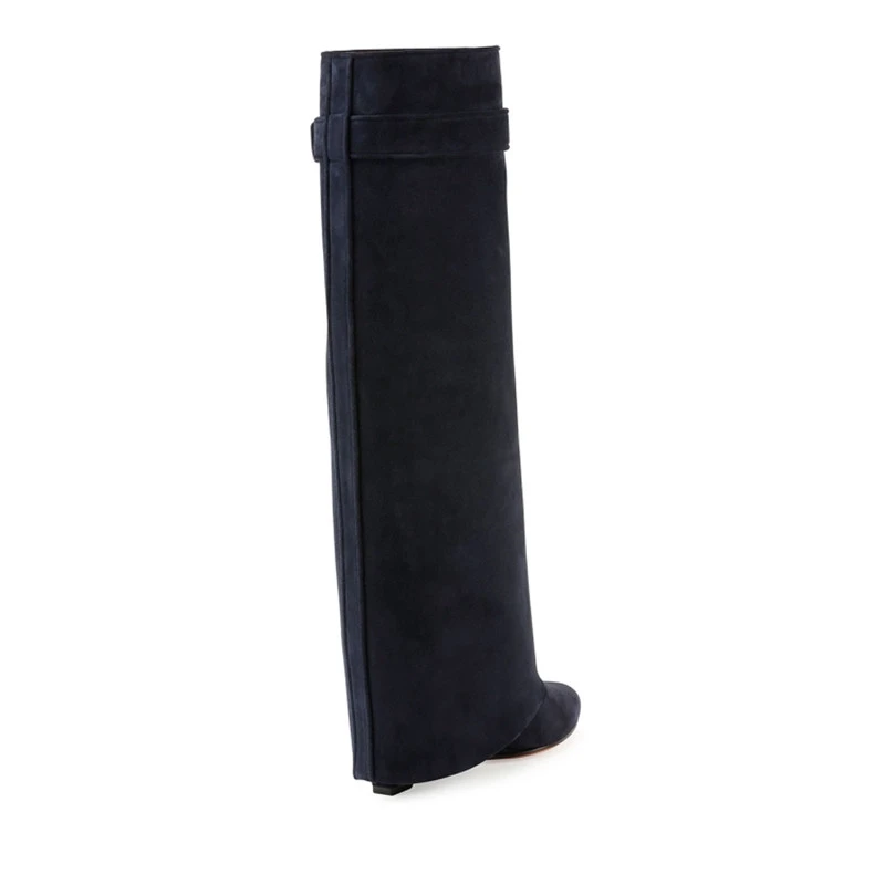 Autumn Winter New Woman Leather Botas Mujer Wedge Shark Lock Women Knee High Boots Slip-on Fold Over Lady Motorcycle Boots