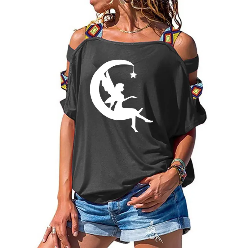6 Женская одежда, Moon Fairy-Crescent Moon Tee, футболка со звездами, Женский Топ с коротким рукавом, женская сексуальная открытая футболка с открытыми плечами - Цвет: 6