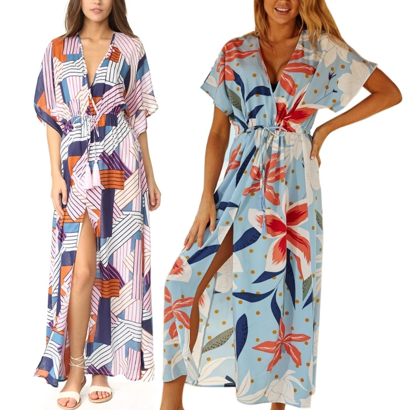 Women Half Sleeve Bikini Swimsuit Cover Up Boho Geometric Print Beach Maxi Dress Drawstring Waist Split Kaftan Beachwear beach maxi dress with sleeves