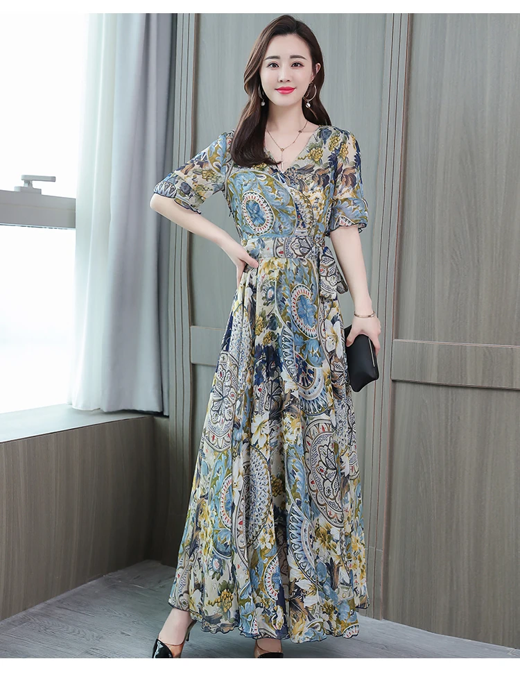 Корейский стиль, модное приталенное шифоновое платье для женщин, весна и лето, стиль, большой размер, v-образный вырез, платье с принтом