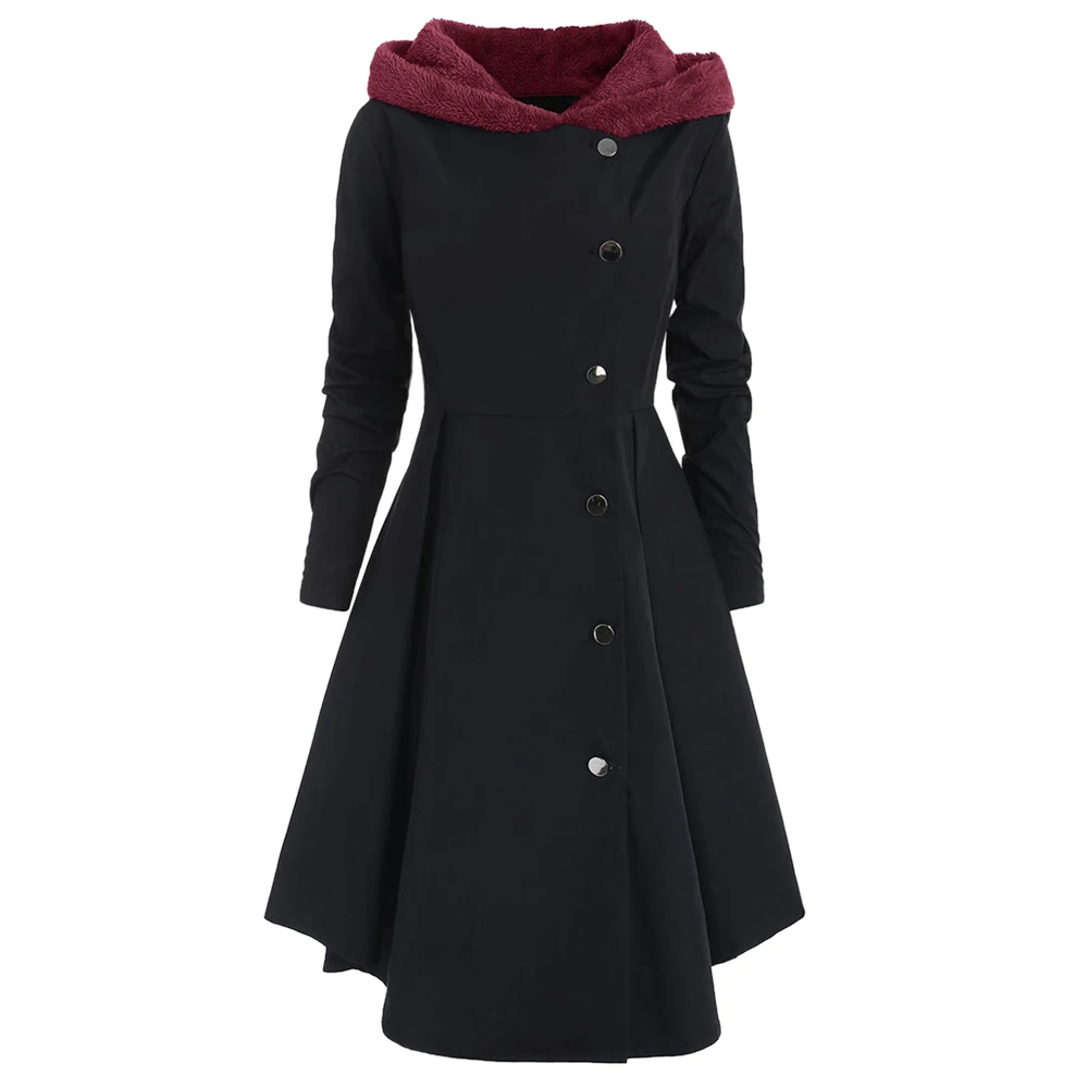 Black Wine red Новое Женское длинное пальто винтажное асимметричное женское модное пальто с длинным рукавом размера плюс осенне-зимняя длинная куртка пальто - Цвет: Black Wine red