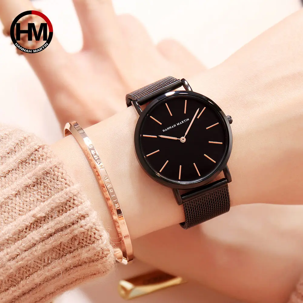 1 Juego de relojes de pulsera de acero inoxidable para mujer, reloj de pulsera de cuarzo japonés, resistente al agua, oro rosa, Simple