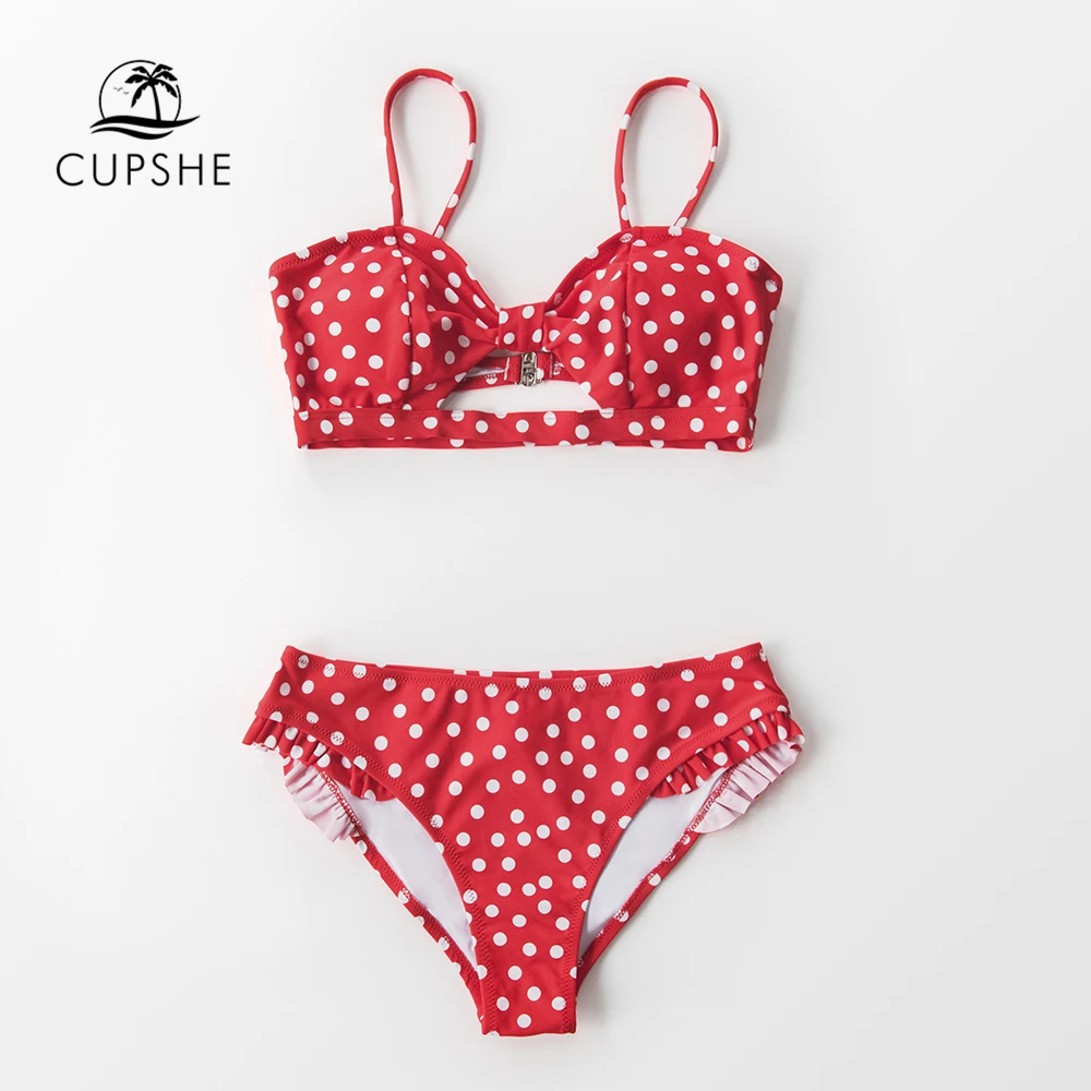 CUPSHE, красный, в горошек, с вырезом, бикини, сексуальный, с оборками, Мягкий купальник, две части, купальник для женщин,, пляжные купальники, бикини