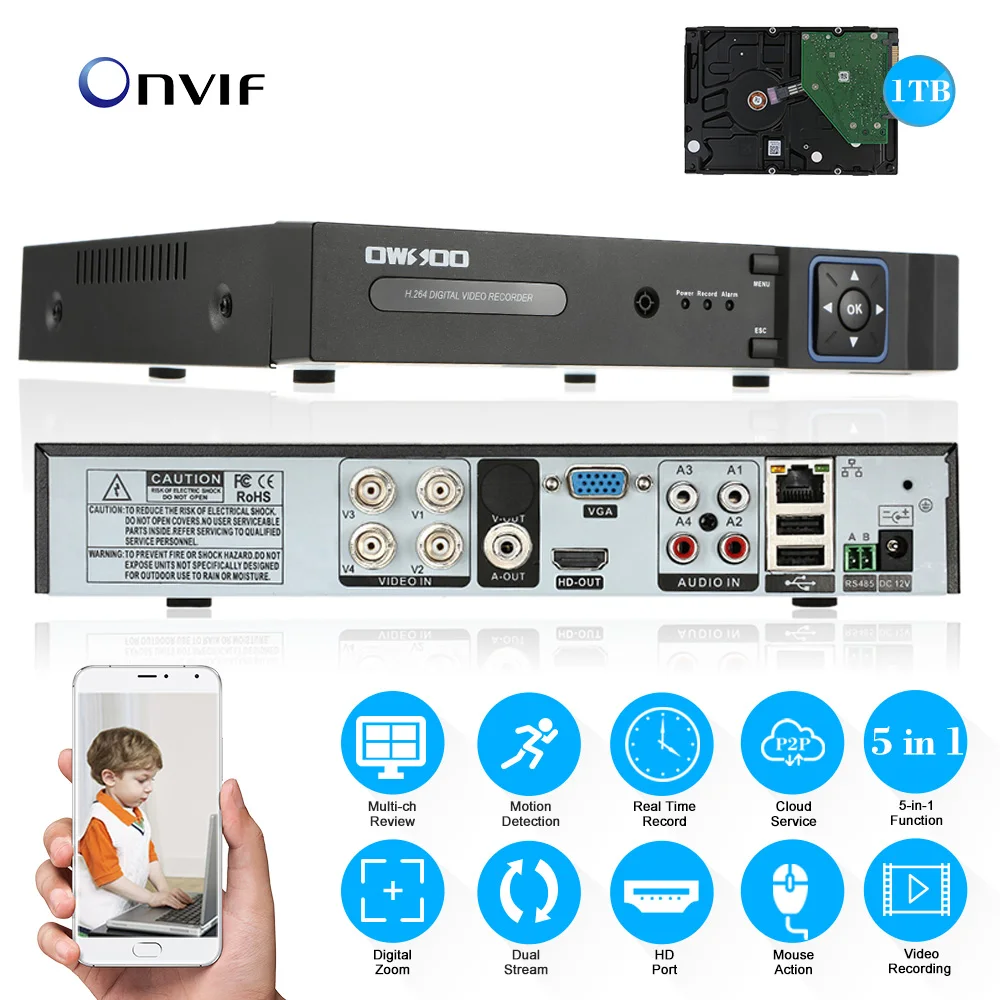 

OWSOO 4CH AHD DVR Recorder Surveillance Video Recorder H.264 P2P 4 Channel Digital Video Recorder For CCTV Camera Kit 1TB HDD