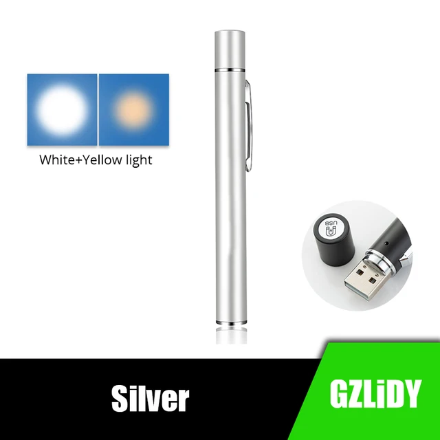 Mini LED Flashlight with Tail Magnet USB Rechargeable Torch Cold White + Yellow Light Medical Pen Lights Portable Lantern Silver