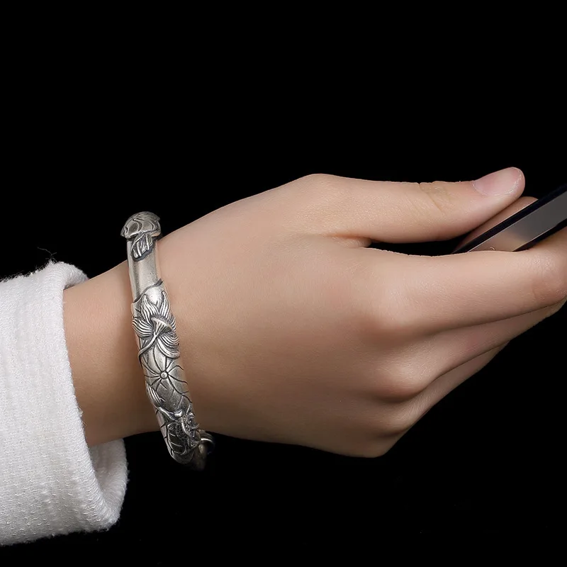 

One Deer Silver S990 Pure Silver Retro Carp Lotus Seedpod Sterling Silver Bracelet Top Grade Women's-Slidable Bracelet